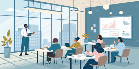 Corporate training session illustration featuring a professional workshop with a speaker presenting to a diverse audience.