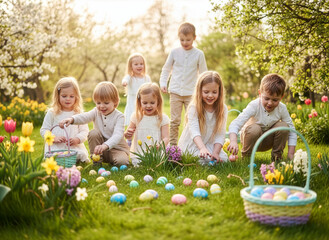 Les enfants f&ecirc;tent P&acirc;ques dans le jardin fleuri