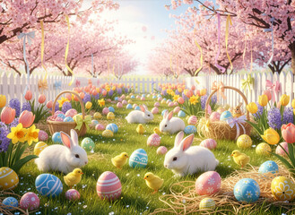 Jardin printanier de P&acirc;ques avec lapins et chasse aux &oelig;ufs
