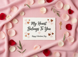 Carte romantique entour&eacute;e de p&eacute;tales pour la Saint Valentin