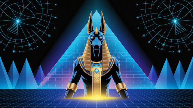 Majestic Anubis statue in futuristic neon-lit pyramid temple setting
