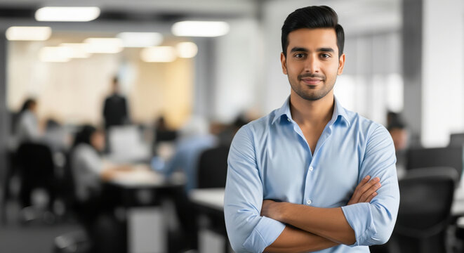 A confident young Indian businessman standing with arms crossed wearing a blue shirt in a bright, modern open-plan office background with copy space