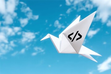 paper crane fly on blue sky with coding symbol for. Creative programming and technology startup