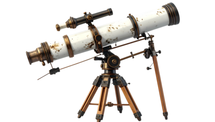 An antique, weathered brass and white telescope on a wooden tripod against a black background