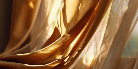 Gold curtain fabric flowing in soft sunlight, warm translucent texture and gentle movement