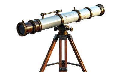 A vintage brass and white telescope rests on a wooden tripod. Detailed and aged appearance