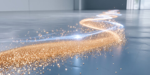 Golden dust trail spark particle light streak bokeh reflective floor macro illuminated motion
