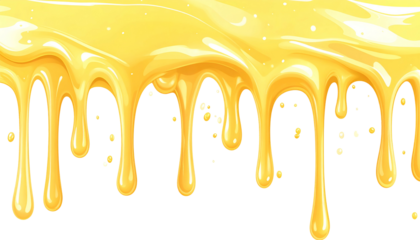 Realistic, glossy, yellow viscous liquid, dripping from the top against a black backdrop