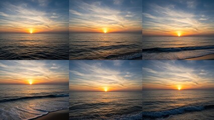 Six panels show a sunrise over the ocean, with varying wave and shoreline views