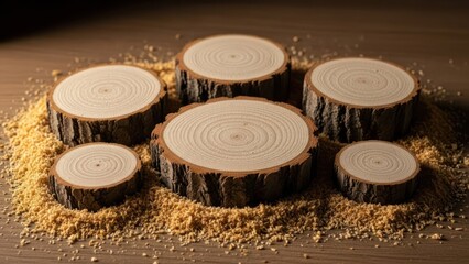 Six wooden tree slices arranged on sawdust, illuminated by warm lighting