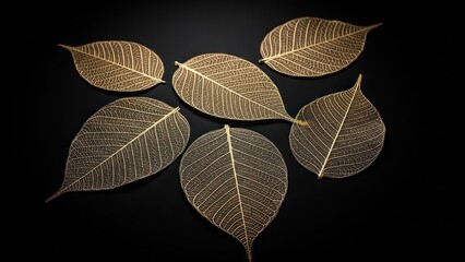 Six delicate, golden skeleton leaves arranged against a stark, black background