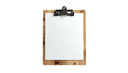 Wooden clipboard with blank paper, metal clip, centered against black background