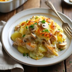 Baked chicken and mushroom julienne with melted cheese served in a ceramic dish. Comfort food concept for restaurant menu, home cooking, and food branding category.