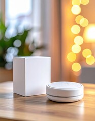 Blank white box, smoke detector visible, product packaging display, safety device presentation, commercial product visual, home security equipment, retail display concept, defocuse