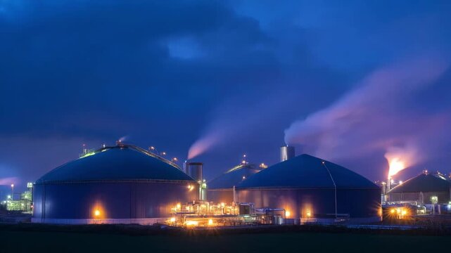 Medium shot of a modern anaerobic digestion facility processing organic waste into biofuel with large digesters and flares glowing at dusk.