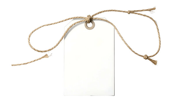 A blank white price tag tied with brown twine against a black background