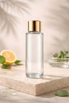 bottle of perfume, Minimalist Glass Cosmetic Bottle Mockup with Gold Cap on Stone Pedestal with Lemon and Botanical Accents.