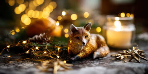 Gold fox figurine candle bokeh lights pine cone star