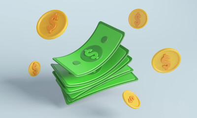 Flying dollar money banknotes and gold coins