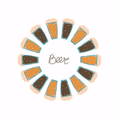 Beer in a glass. Round frame, border. Line drawing. Drink, glass goblet. Banner, poster with hand lettering. Vector illustration, isolated background.