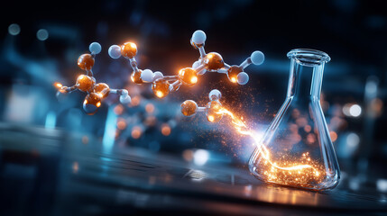 Scientific chemical reaction diagram showing molecular transformation process, reaction pathway, chemical change, laboratory visualization, with copy space