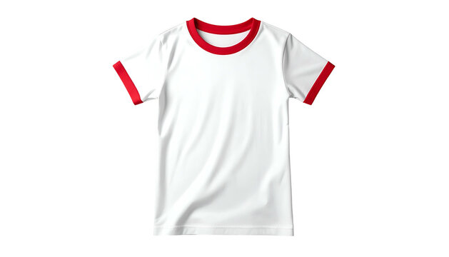 White ringer tee with red collar and sleeve cuffs, isolated on black background