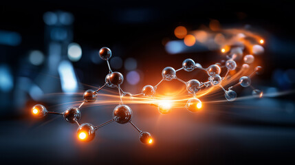 Scientific chemical reaction diagram showing molecular transformation process, reaction pathway, chemical change, laboratory visualization, with copy space