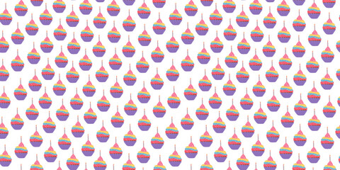 Birthday cake with a burning candle. Festive seamless pattern. Sweet pastries. Bright multicolored cheesecake. Children's party, flat illustration. Repeating background.