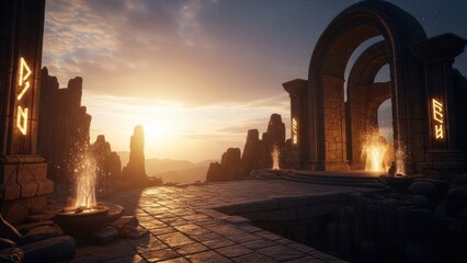 Stone ruins with glowing runes, fire, & sun setting over mountains. Majestic and mystical