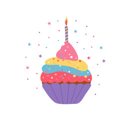 Birthday cake, burning candle. Sweet pastries, confetti. Bright multicolored cheesecake. Children's party, flat illustration. Isolated on white background.