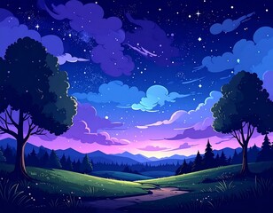 Nighttime landscape with trees, stream, and starry sky
