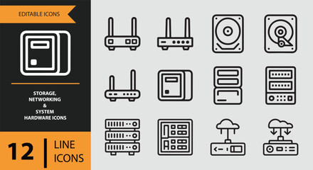 A comprehensive set of editable line icons for storage, networking, and system hardware components