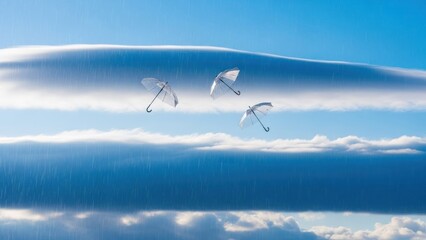 Three clear umbrellas float in a cloudy sky with falling rain, a surreal and whimsical scene