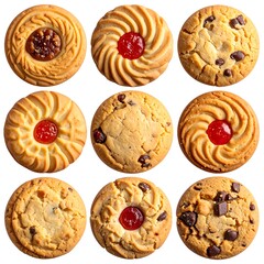 Nine assorted cookies, arranged on a white background