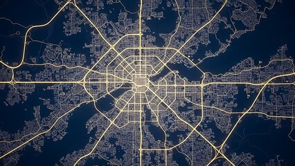 Top-down aerial view of a city's glowing illuminated road network on a dark night