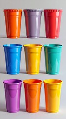 Nine brightly colored plastic cups arranged in a three-by-three grid