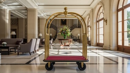 Hotel lobby with luggage cart, marble floors, staircase, and flower arrangement