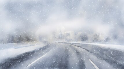 Winter's Embrace Watercolor Illustration of a Snowbound Roadway Evokes Serene Isolation
