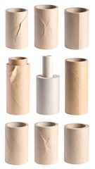 Nine cylindrical cardboard tubes, some damaged, arranged on a white background