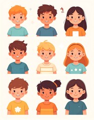 Nine diverse, cartoon children smiling with various hairstyles and outfits