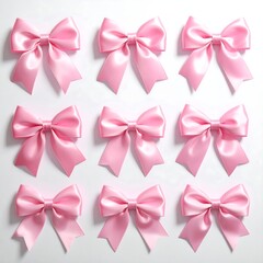 Nine elegant, pink satin bows arranged on a white background