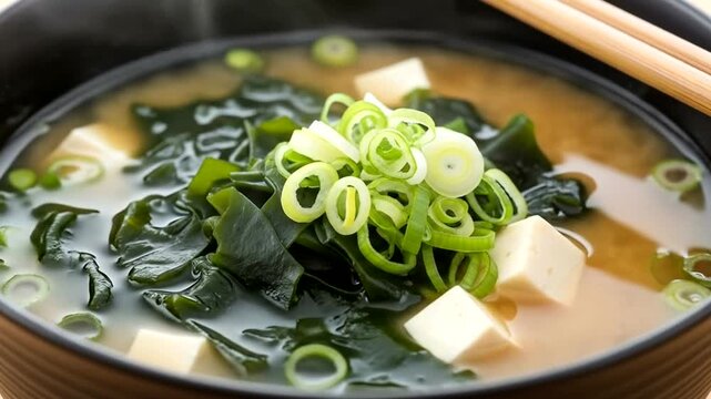 A steaming bowl of miso soup with tofu and green onions, served on a wooden table