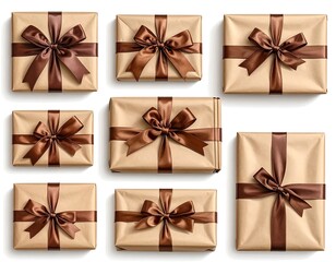 Nine gifts wrapped in brown paper with chocolate-brown satin ribbons