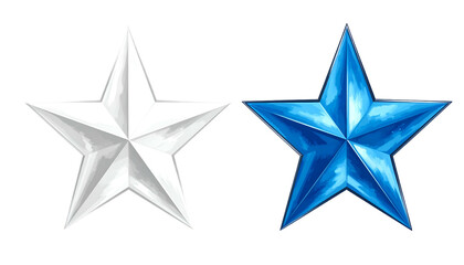 Obraz premium Two five-pointed stars, one white, one blue, rendered with light and shadow on black