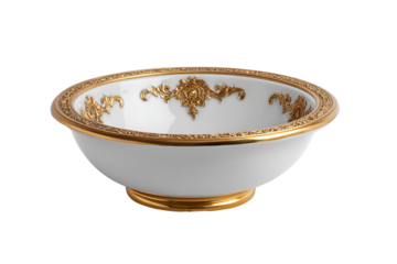 Elegant white porcelain bowl with ornate gold rim isolated on transparent background