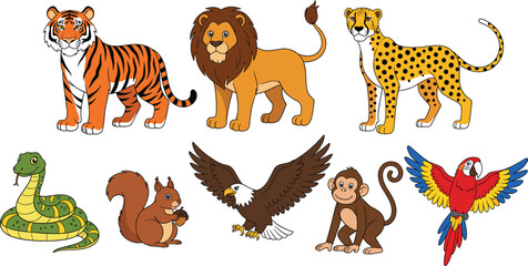 Obraz premium Cute Wild and Jungle Animal Cartoon Illustration Set Featuring Tiger, Lion, Cheetah, Snake, Squirrel, Eagle, Monkey, and Parrot for Kids Design