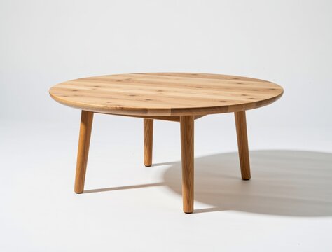 Round wooden coffee table featuring minimalist scandinavian interior design