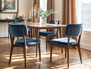 Obraz premium Modern dining room interior featuring wooden table and velvet chairs