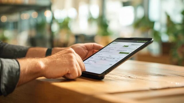 Medium shot of a user interacting with a userfriendly automated billing platform on a tablet highlighting ease of navigation and efficient payment processing