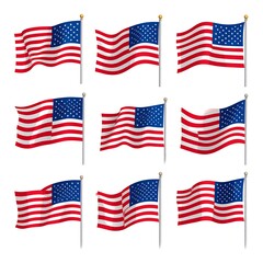 Nine stylized American flags waving on white poles